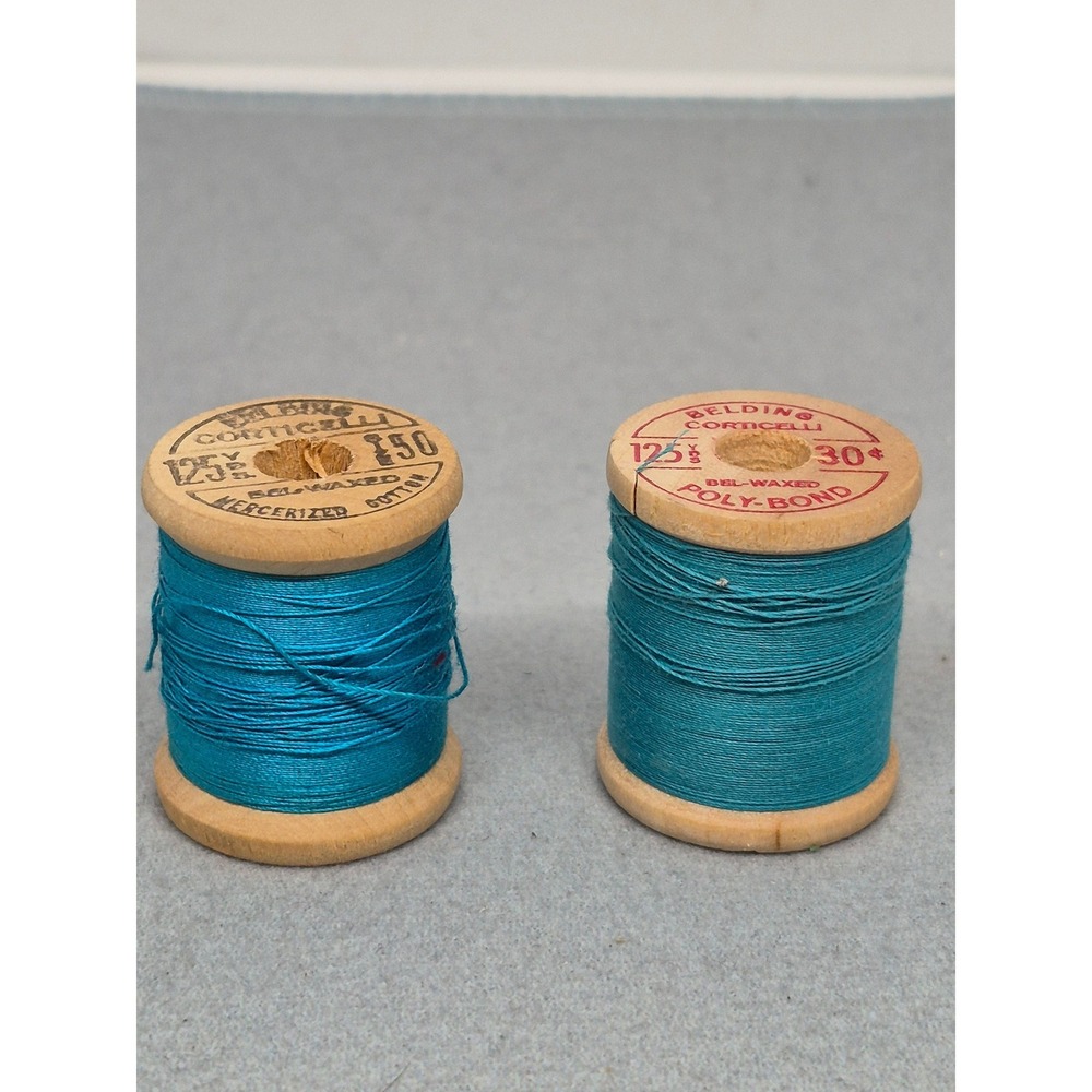 Vintage Belding Corticelli Sewing Thread Wooden Spools Turquoise Blue 2pc Set